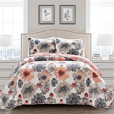 Lush Decor Leah Çift Taraflı Çiçekli Yorgan Seti, 3 Parça Set, Kral, Mercan ve Gri - Büyüleyici Çiçekli Yatak Seti - Büyük Çiçek Açan Sulu Boya Çiçekler