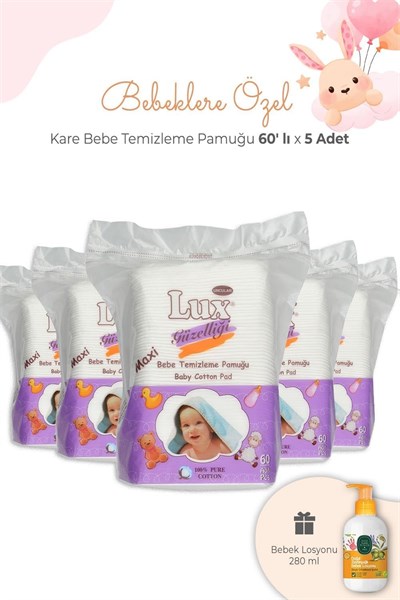 Lux Bebe Temizleme Pamuğu Kare 60 lı x 5 Adet ve Bebek Losyonu