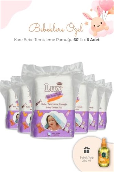 Lux Bebe Temizleme Pamuğu Kare 60 lı x 6 Adet ve Bebek Yağı