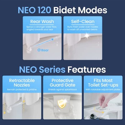 LUXE Bidet NEO 120 - Kendi Kendini Temizleyen Başlık, Tatlı Su Elektrikli Olmayan Bide Eklentisi, Klozet Kapağı için, Ayarlanabilir Su Basıncı, Arka Yıkama (Gül Altın)