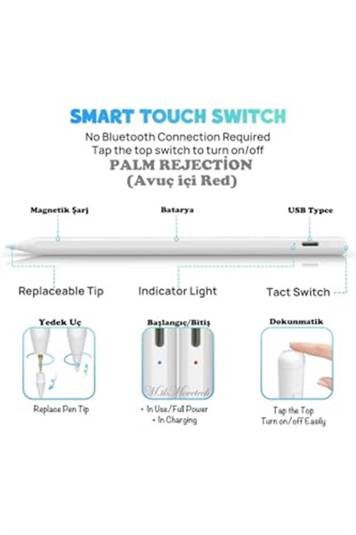 m.tk moveteck iPad Stylus Kalem, iPad Pro 13/11/12.9, iPad Air 11 4/5/6, Magnetik Palm Rejection, USB Type-C, Beyaz, Yedek Uç Hediyeli