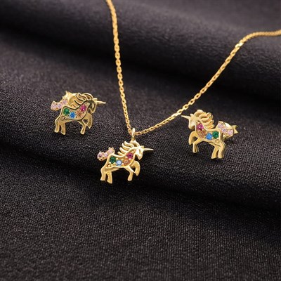 Madam Matmazel Minimal Unicorn Takı Set, 925 Ayar Gümüş, Renkli ZirkonTaşlı, Kadın, Genç, Kız