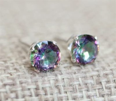 Madam Matmazel Mistik Topaz Gümüş Kadın Küpe, 925 Ayar, Elmas Kesim, Mystic Topaz