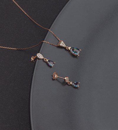 Madam&Matmazel Mistik Topaz Gümüş Kadın Takı Seti | 925 Ayar Gerçek Gümüş (Pembe Altın), Küpe, Kolye