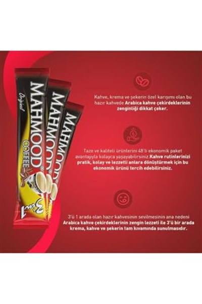 Mahmood Coffee 3ü 1 Arada Hazır Kahve 48 Adet x 18 Gram 2li set