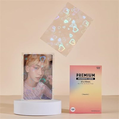 Mandu Deco Kalp Holografik Kpop Fotoğraf Kartı Kolları Kart Koruyucu PVC İçermeyen ve Asitsiz Kalkan Kapağı Paket başına 100 Kol (61x91mm (Çift kollu için))