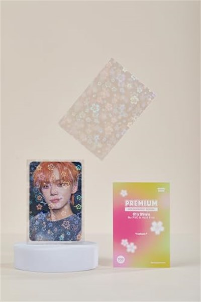 Mandu Deco Sakura Çiçek Holografik Kpop Fotoğraf Kartı Kolları Kart Koruyucu PVC İçermeyen ve Asitsiz Kalkan Kapağı Paket başına 100 Kol (61x91 mm (Çift kollu için))