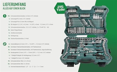 Mannesmann M 98430 Profesyonel Lokma Anahtar Takımı, 215 Parça, Plastik Kutu, Metrik