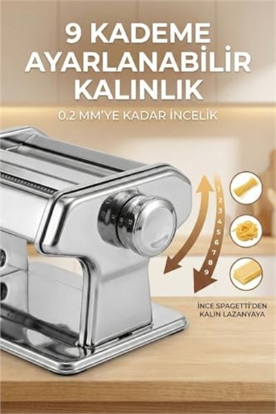 Manuel Makarna Makinesi - Erişte ve Hamur Açma Makinesi - Çift Kesici Başlıklı - 9 Kademe Ayarlı
