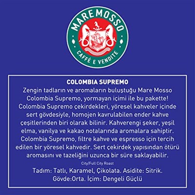 Mare Mosso Colombia Supremo Çekirdek Filtre Kahve 1 Kg. Çekirdek Öğütülmemiş