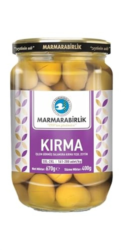 MarmaraBirlik Yeşil Kırma Zeytin, Cam Kavanoz, 400g, 3XL-2XL Boy, 2 Adet