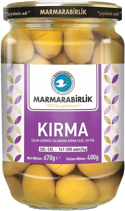MarmaraBirlik Yeşil Kırma Zeytin, Cam Kavanoz, 400g, 3XL-2XL Boy, 2 Adet
