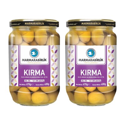 MarmaraBirlik Yeşil Kırma Zeytin, Cam Kavanoz, 400g, 3XL-2XL Boy, 2 Adet