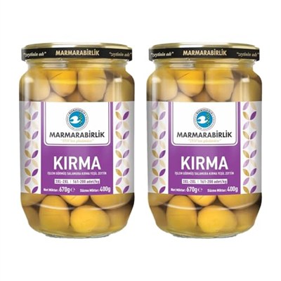 MarmaraBirlik Yeşil Kırma Zeytin, Cam Kavanoz, 400g, 3XL-2XL Boy, 2 Adet