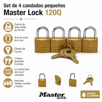 Master Lock Asma kilit, masif pirinç, 1,9 cm genişliğinde, 120Q (4 aynı anda kilitlenir)