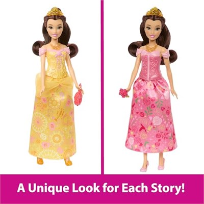 Mattel Disney Prensesi oyuncakları, 2 farklı görünüme sahip Belle bebek, 9 aksesuar, takılıp çıkarılabilen 2 büstiyer ve 2 etek, filmden ilham alan 2si 1 arada hikayeler, JFJ82