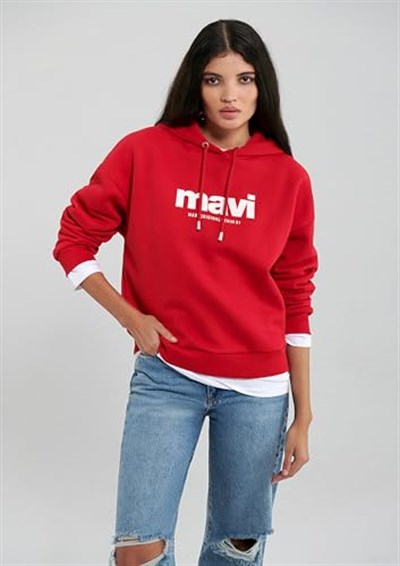 Mavi Logo Baskılı Kapüşonlu Kırmızı Sweatshirt 168334-35476