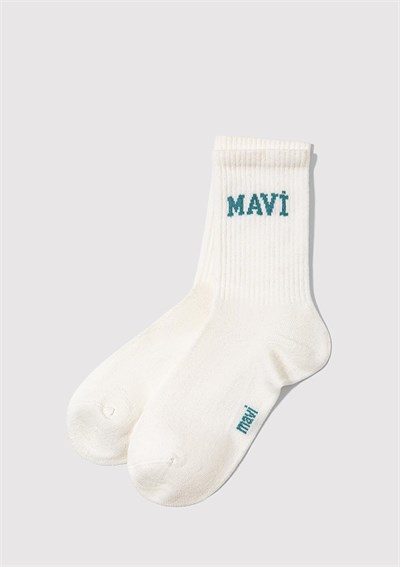 Mavi Logo Detaylı Beyaz Soket Çorap 1912726-21649