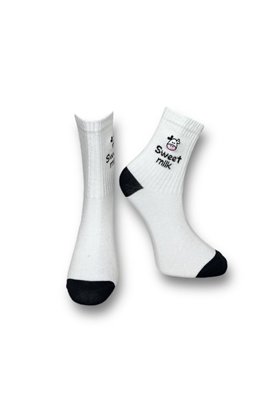 Me-vo Tekli Beyaz Bay/Bayan Unisex Esnek Nem Alabilen Pamuklu İnek Desenli Soket Çorap
