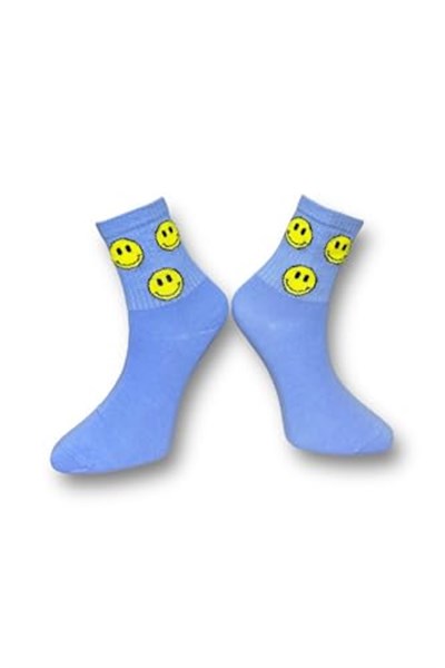 Me-vo Tekli Mavi Bay/Bayan Unisex Esnek Nem Alabilen Pamuklu Emoji Desenli Soket Çorap