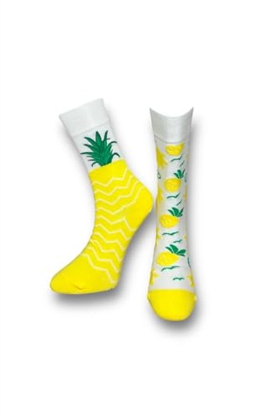 Me-vo Tekli Sarı Bay/Bayan Unisex Esnek Nem Alabilen Pamuklu Ananas Desenli Soket Çorap
