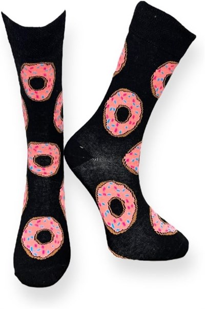 Me-vo Tekli Siyah Renkli Unisex Esnek Nem Alabilen Pamuklu Donut Desenli Soket Çorap