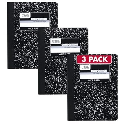 Mead Kompozisyon Defteri, 3lü Paket, Geniş Çizgili Kağıt, 19 x 24 cm, Defter Başına 100 Yaprak, Siyah Mermer Desenli (38301)