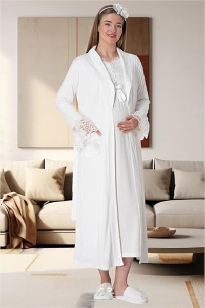 Mecit 1924 Ekru Dört Parça Hamile Lohusa Set - Bedenler: M, L, XX-Large, XL