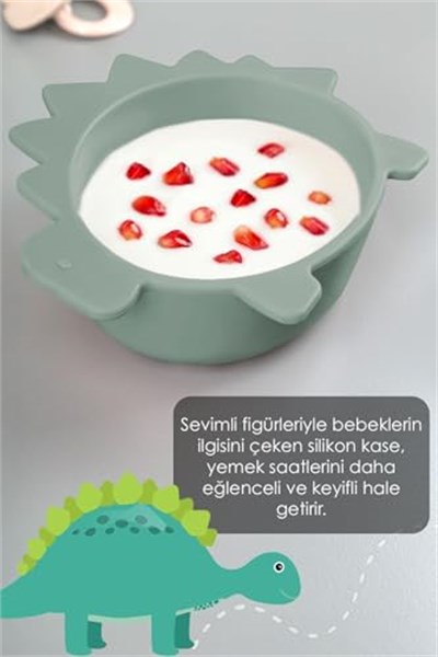 Meleni Baby 3lü Hayvan Figürlü Silikon Bebek Mama Kasesi Seti - Şekilli Bebek Beslenme Kasesi Yeşil