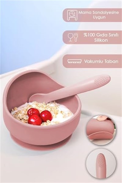 Meleni Baby 4lü Silikon Beslenme Seti - Mama Önlüğü - Vakumlu Mama Kasesi - Pipetli Bardak - Kaşık - Pembe