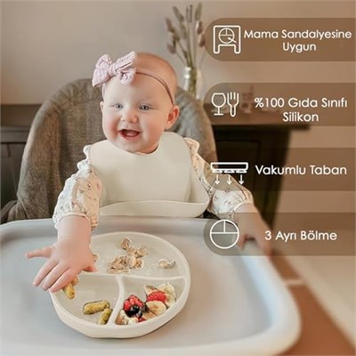 Meleni Baby 4lü Silikon Beslenme Seti - Silikon Mama Önlüğü Kulplu Bardak Vakum Tabanlı Tabak Mama Kaşığı Krem