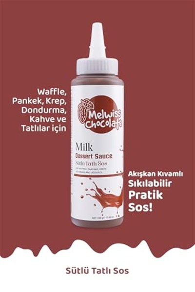 Melwiss Chocolate Sütlü Tatlı Sos 330 g – Akışkan kıvamlı Waffle, Pankek, Krep, Dondurma, Kahve ve Tatlılar için Pratik Sıkılabilir Sos