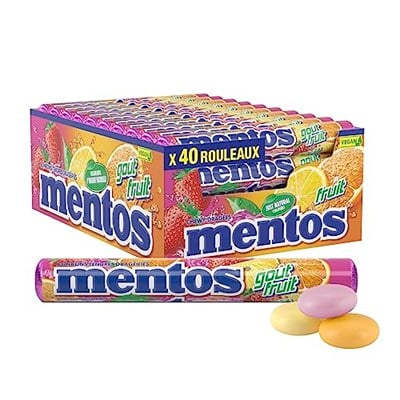 Mentos Meyve Drajeleri, 40 Rulo Şeker, Portakallı Meyve Aroması + Limon+Çilek, Çok Paket Çiğneme Şekeri