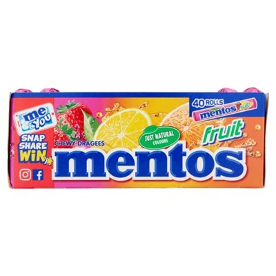 Mentos Meyve Drajeleri, 40 Rulo Şeker, Portakallı Meyve Aroması + Limon+Çilek, Çok Paket Çiğneme Şekeri