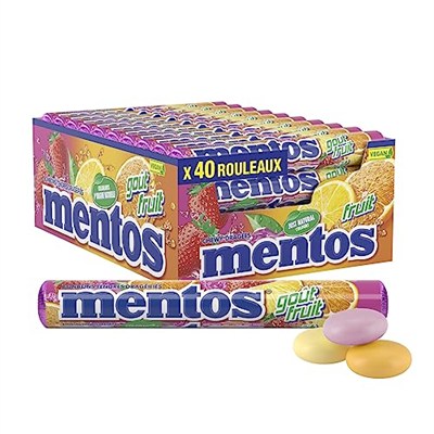 Mentos Meyve Drajeleri, 40 Rulo Şeker, Portakallı Meyve Aroması + Limon+Çilek, Çok Paket Çiğneme Şekeri