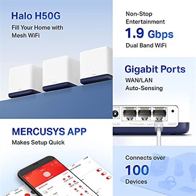 Mercusys Halo H50G 3-pack, AC1900Mbps, Dual-Band, Gigabit Portları, 100e Kadar Cihaz Bağlanabilir, 550 m²ye Kadar Kapsama, Akıllı Bağlantı, Mobil Uygulama ile Kolay Kurulum, Wi-Fi 5 Mesh Sistemi