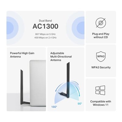 Mercusys MA30H, AC1300 Mbps, Çift Bant, USB 3.0, Yüksek Çekim Güçlü Wi-Fi 5 USB Adaptör