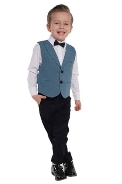 Merdia Kids Erkek Çocuk Takım Elbise 2 Düğmeli Yelekli Papyonlu Smokin Yeşil -1