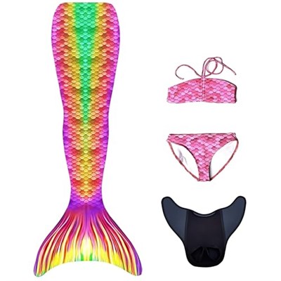 Mermaids Cancun Deniz Kızı Kostümü, 4lü Takım, Çok Renkli,%80 Polyester,%20 Elastan, 3D Pullu, Monofin Destekli ve Kuyruk Detaylı, Yaş Seçeneği