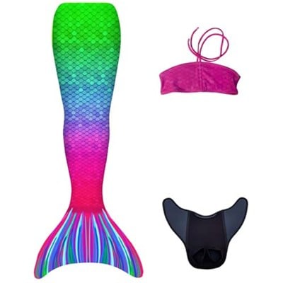 Mermaids Deniz Kızı 3lü Takım Bikini Kostüm Seti, Çok Renkli, 6-10 Yaş,%80 Polyester%20 Elastan, 3D Pullu, Monofin Yüzgeçli