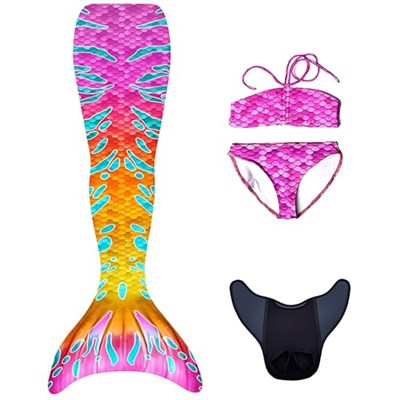 Mermaids Malibu Deniz Kızı Kostümü, 4lü Takım, Çok Renkli,%80 Polyester,%20 Elastan, 3D Pullu, Monofin Destekli ve Kuyruk Detaylı, Yaş Seçeneği
