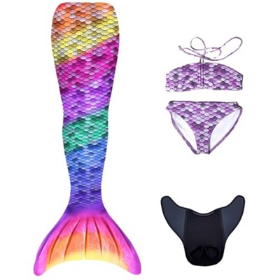 Mermaids Rainbow Deniz Kızı Kostümü, 4lü Set, Bikini ve Kuyruk, Gökkuşağı Renkli, Kız Çocuk,%80 Polyester,%20 Elastan, 3D Parlak Pullu, Yaş Seçeneği