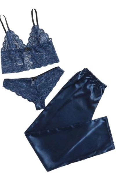 Merry See Dantel Sütyen Külot Saten Pijama Alt 3 lü Takım