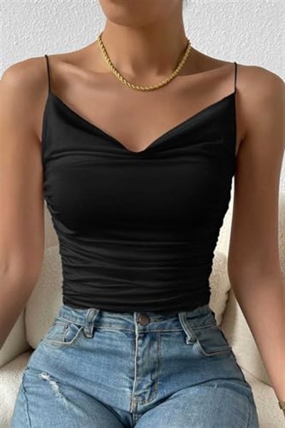 Merry See Kadın Kolsuz Askılı Degaje Yaka Bluz Crop