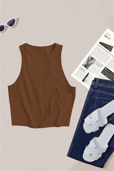 Merry See Tek Renk 1 Adet Kadın Kolsuz Örme Kumaş Bluz Crop