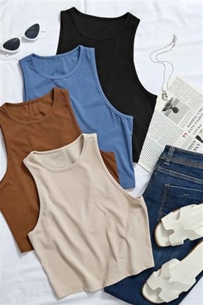 Merry See Tek Renk 1 Adet Kadın Kolsuz Örme Kumaş Bluz Crop