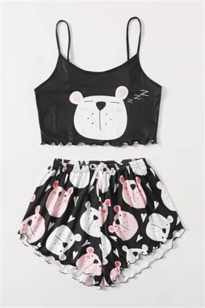 Merry See Uyuyan Ayıcık Basklı Ultrasoft Askılı Sortlu Pijama Takımı