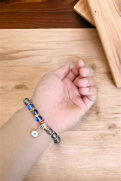 MGA DOĞAL TAŞ Mavi Termal Kuvars Renkli Rondela Nazar Boncuklu Doğal Taş Bileklik Parlayan Model