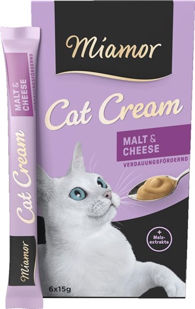 MIAMOR - Cat Snack (Cream) | Yetişkin kedileri şımartmak için atıştırmalık. Şekersiz ve yapay katkı maddesi içermeyen porsiyon torbasında tamamlayıcı mama | 11 x 6 x 15 g Malt-Cream & peynir