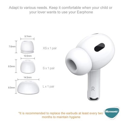 Microsonic AirPods Pro 2.Nesil için Kulaklık Uçları - 6 set (XS/S/L) [AirPods Pro 2. Nesil ile Uyumlu Kılıf - Beyaz] - Seçenekler: AirPods Pro 2. Nesil, AirPods Pro 3, AirPods Pro